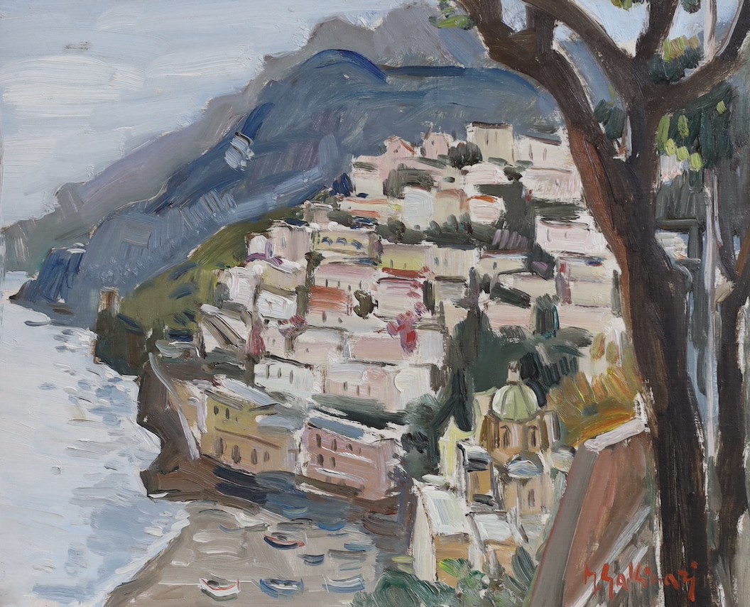 Italian School, oil on board, View of Positano, indistinctly signed, 23 x 29cm